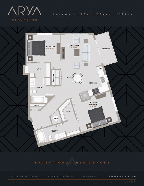 Two Bedroom Two Bath Kusama 1 floor plan at Arya Peachtree, Atlanta, Georgia